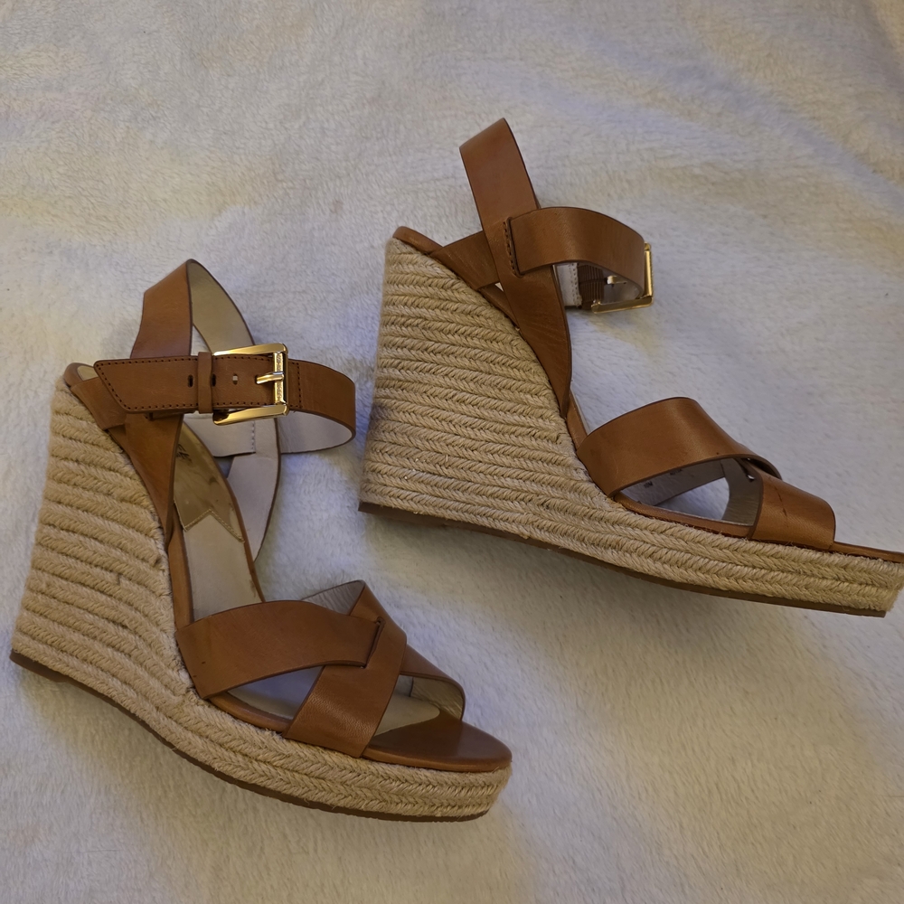 Michael Kors Tan Wedge Sandals with Crisscross Straps - Picture 3 of 6